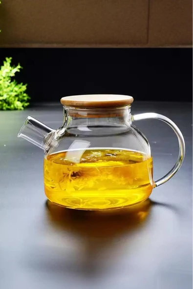 Akkoyunlu home Bambu Kapaklı Cam Demlik 1 L Borosilikat Demlik