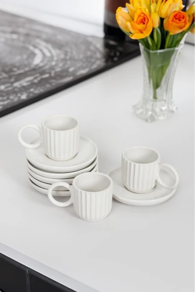 Akkoyunlu home 6 Kişilik Lüx Seramik Çizgili Kahve Fincanı Türk Kahvesi Fincanı 90 Ml