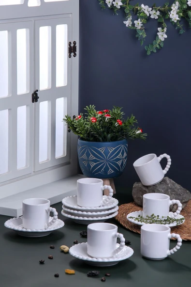 Akkoyunlu home Türk Kahvesi Fincanı Boncuklu Beyaz Fincanı Takımı Lüx Seramik Türk Kahvesi Takımı