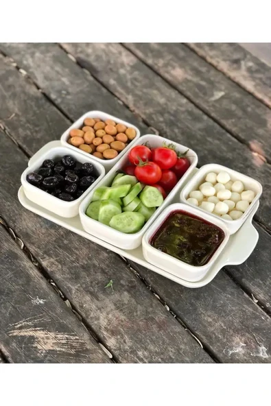 Akkoyunlu home 5'li Porselen Kaşıksız Kahvaltılık Kapaklı Tepsili Sunumluk - 3