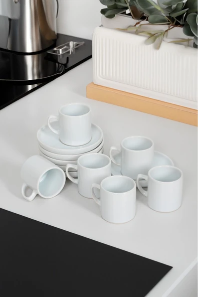 Akkoyunlu home Lilyum Türk Kahvesi Fincanı 6 Kişilik 12 Parça Lüx Kahve Fincanı Takımı Beyaz 90 ml