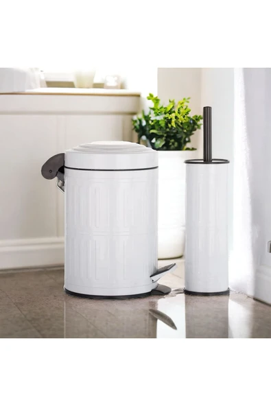 Akkoyunlu home Beyaz Metal Çöp Kovası Seti Pedallı Banyo Wc Çöp Kovası ve Fırçası Seti 500 L