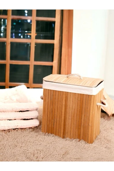 Akkoyunlu home Bambu Hasır Çamaşır Sepeti Dikdörtgen Kirli Çamaşır Sepeti İpli Naturel Doğal Bambu - 2