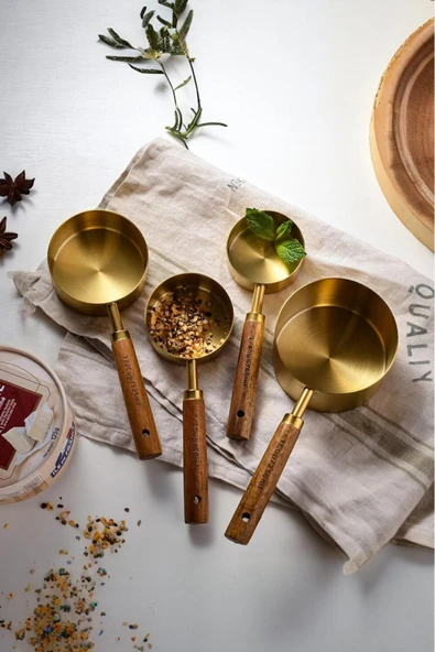 Akkoyunlu home Altın Kaplama Paslanmaz Çelik Ölçü Kaşıkları, Akasya Ağacı Kulplu, Ölçü Kaşığı Büyük