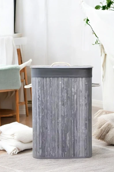 Akkoyunlu home Bambu Gri Hasır Çamaşır Sepeti Dikdörtgen Kirli Çamaşır Sepeti İpli Naturel Doğal