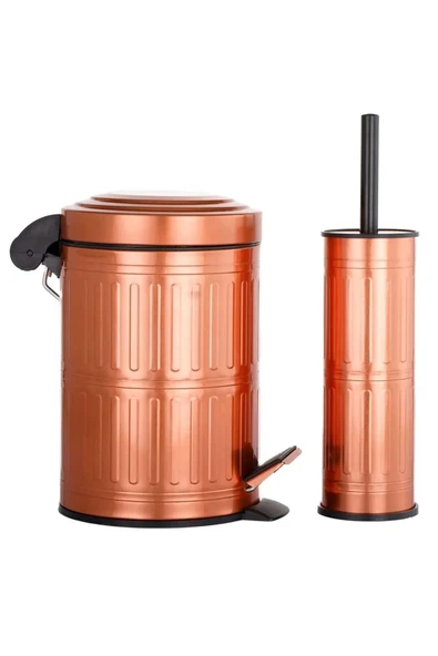 Akkoyunlu home Bakır Metal Çöp Kovası Seti Pedallı Banyo Wc Çöp Kovası ve Fırçası Seti 500 L - 2
