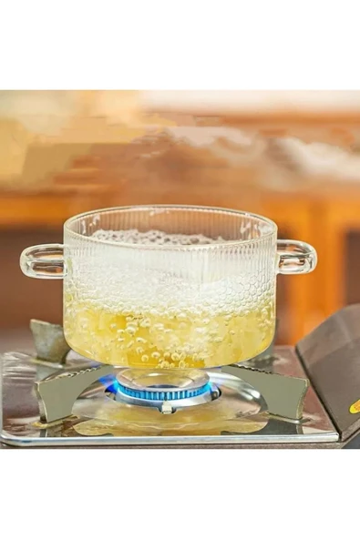 Sezka Life Figürlü Isıya Dayanıklı Çelik Kapaklı Çizgili Cam Tencere Çorba, Salata Tenceresi1.7L - 3