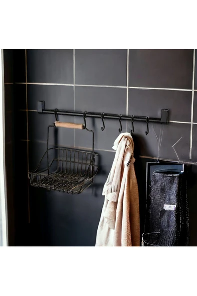 Akkoyunlu home Retro Duvar Askısı Ve Sepeti Mutfak Ve Banyo Askısı Ve Sepeti Siyah Metal - 4