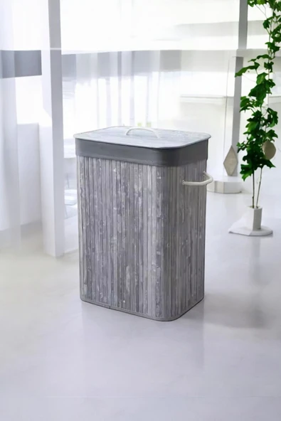 Akkoyunlu home Bambu Gri Hasır Çamaşır Sepeti Dikdörtgen Kirli Çamaşır Sepeti İpli Naturel Doğal - 3