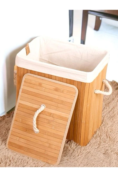 Akkoyunlu home Bambu Hasır Çamaşır Sepeti Dikdörtgen Kirli Çamaşır Sepeti İpli Naturel Doğal Bambu