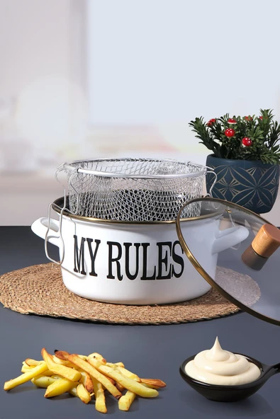 Akkoyunlu home Emaye Cam Kapaklı Kızartma Tenceresi Fritözlü  Kızartma Tavası  Slogan Serisi 22 cm