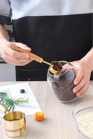 Sezka Life Altın Kaplama Paslanmaz Çelik Ölçü Kaşıkları, Akasya Ağacı Kulplu, Ölçü Kaşığı 4 Parç - 2