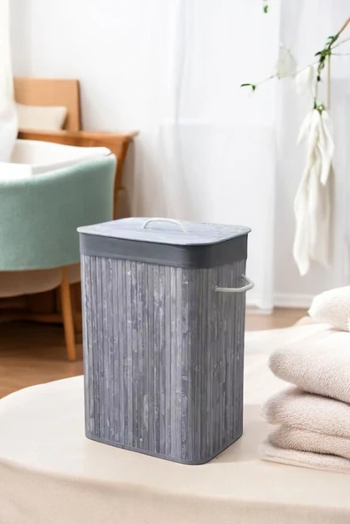 Akkoyunlu home Bambu Gri Hasır Çamaşır Sepeti Dikdörtgen Kirli Çamaşır Sepeti İpli Naturel Doğal - 2