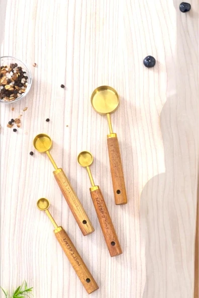 Sezka Life Altın Kaplama Paslanmaz Çelik Ölçü Kaşıkları, Akasya Ağacı Kulplu, Ölçü Kaşığı 4 Parç - 5