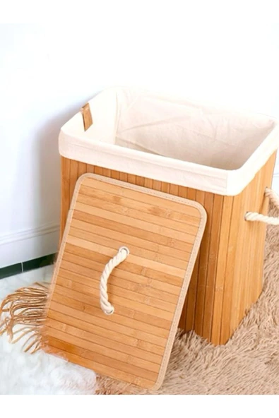 Akkoyunlu home Bambu Hasır Çamaşır Sepeti Dikdörtgen Kirli Çamaşır Sepeti İpli Naturel Doğal Bambu - 4