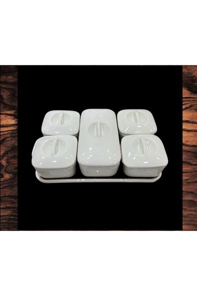 Akkoyunlu home 5'li Porselen Kaşıksız Kahvaltılık Kapaklı Tepsili Sunumluk - 4