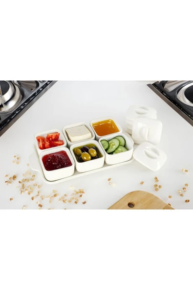 Akkoyunlu home 5'li Porselen Kaşıksız Kahvaltılık Kapaklı Tepsili Sunumluk