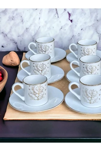 Akkoyunlu home Ladin Kahve Fincanı Takımı 6 Kişilik Porselen Türk Kahvesi Fincanı (Ağaç Desen) - 6