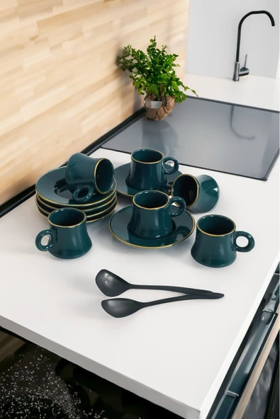 Akkoyunlu home 6 Kişilik Yeşil Türk Kahvesi Fincanı Takımı El Yapımı LÜX Seramik 90 ML