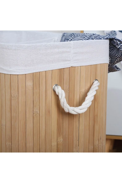 Akkoyunlu home 2 Bölmeli Bambu Kare Çamaşır Sepeti  Katlanır Hasır Kirli Çamaşır Sepeti - 3