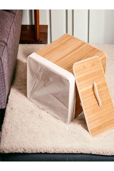 Akkoyunlu home Bambu Hasır Çamaşır Sepeti Dikdörtgen Kirli Çamaşır Sepeti İpli Naturel Doğal Bambu - 3