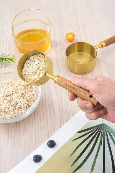 Akkoyunlu home Altın Kaplama Paslanmaz Çelik Ölçü Kaşıkları, Akasya Ağacı Kulplu, Ölçü Kaşığı Büyük - 2