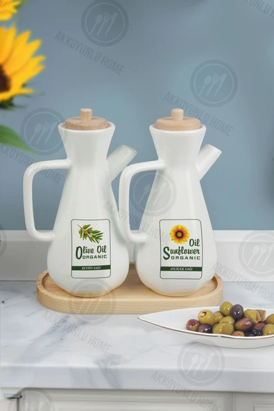 Akkoyunlu home 2 Adet Standlı Bambu Kapaklı Seramik Yağlık & Sirkelik ,Yağdanlık ve Etiketi - 3