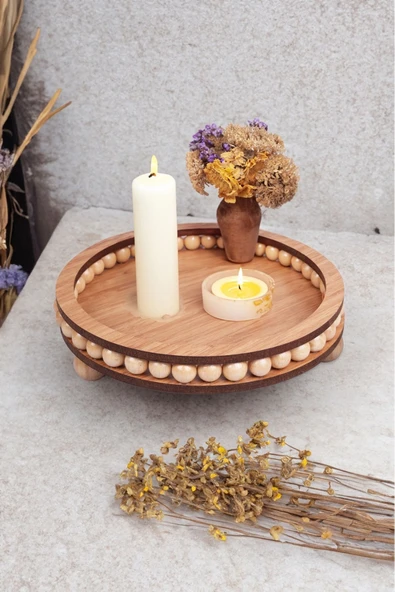 Akkoyunlu home Sezka Life Ahşap Boncuklu 25 cm Yuvarlak Küçük Dekoratif Tepsi Banyo,Ev,Dekor Tepsisi