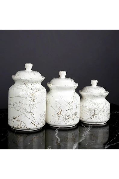 Akkoyunlu home 3 Boy Mermer Desenli Lüks Çay Şeker Tuz Saklama Kavanoz Seti(bakliyat Kavanozu)