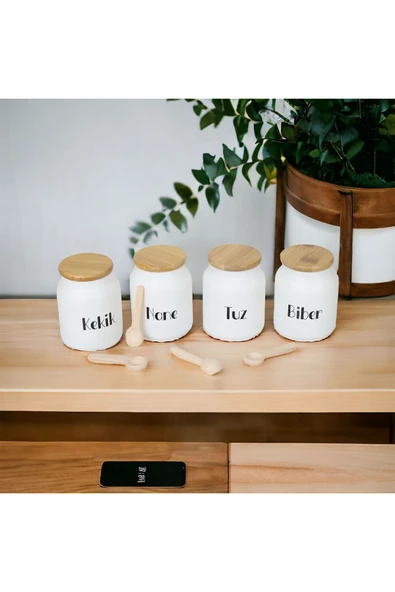 Akkoyunlu home 4'lü Bambu Kapaklı Cam Baharatlık Takımı Kaşıklı (Çay,Kahve,Şeker) Kavanoz Seti 300ml