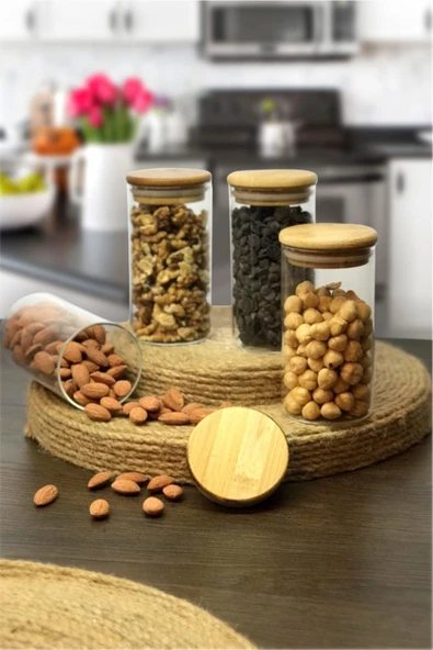 Sezka Life 300ml 4 Adet Bambu Vakum Kapaklı Cam Kavanoz Seti - 6 X 12cm