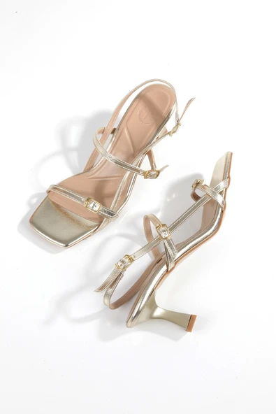 Minifilar Altın Dore Sandalet Kısa Topuklu İnce Bantlı Ayakkabı