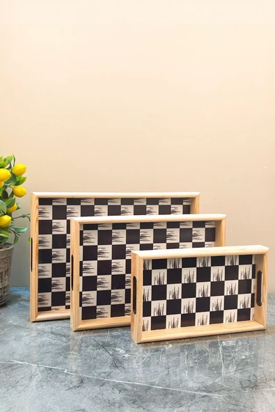 Akkoyunlu home 3'lü Dama Ahşap Tepsi Servis Tepsisi 3 Boy Sunum Tepsi - 2