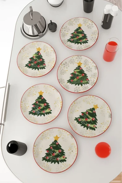 Akkoyunlu home Çam Ağacı Desenli Yılbaşı Özel 6 Adet Pasta ve Servis Tabağı ,Pasta,Servis Tabağı - 4