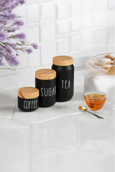 Akkoyunlu home 3 Boy Çay Kahve Şeker Kavanozu Cam Kavanoz Seti Ahşap Görünümlü (Plastik) Kapak - 2