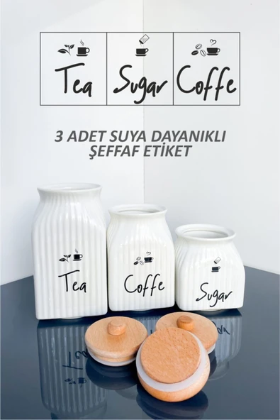 Sezka Life 3 Boy Porselen Bambu Kapaklı Çay Kahve Şeker Kavanozu Ve 3 Adet Suya Dayanıklı Şeffaf Etiket - 2