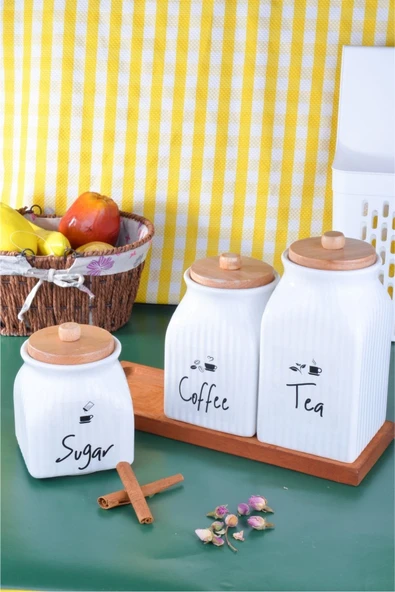 Sezka Life 3 Boy Porselen Ahşap Standlı Bambu Kapaklı Çay Kahve Şeker Kavanozu Ve 3 Adet Şeffaf Etiket
