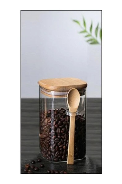 Akkoyunlu home Kare Bambu Kapaklı Kaşıklı Cam Baharat Saklama Kabı