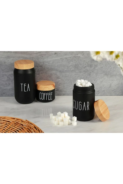 Sezka Life 3 Boy Çay Kahve Şeker Kavanozu Cam Kavanoz Seti Ahşap Görünümlü (Plastik) Kapak - 2
