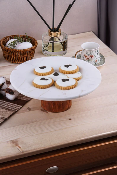 Akkoyunlu home Desenli Mermer Ahşap Ayaklı Yuvarlak  Sunumluk Pasta Servis Sunumluğu Tabak 19 cm - 3
