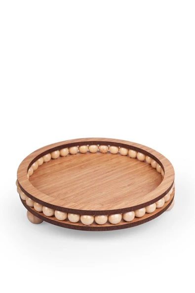 Akkoyunlu home Sezka Life Ahşap Boncuklu 25 cm Yuvarlak Küçük Dekoratif Tepsi Banyo,Ev,Dekor Tepsisi - 3