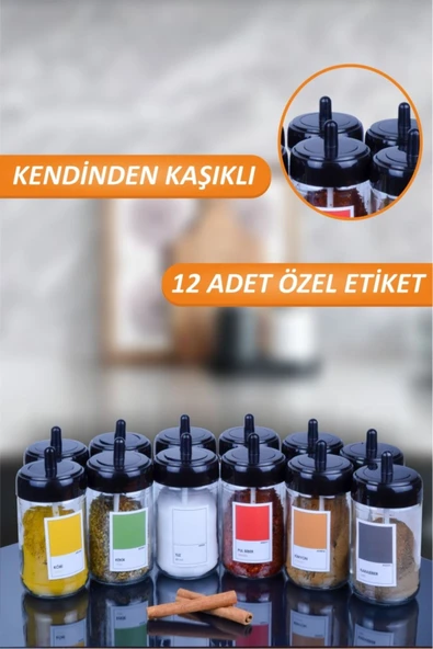 Sezka Life 12 Adet Kapağı Kendinden Kaşıklı Cam Baharatlık Seti Ve 12 Adet Renki Pantone Etiket-300ml - 2