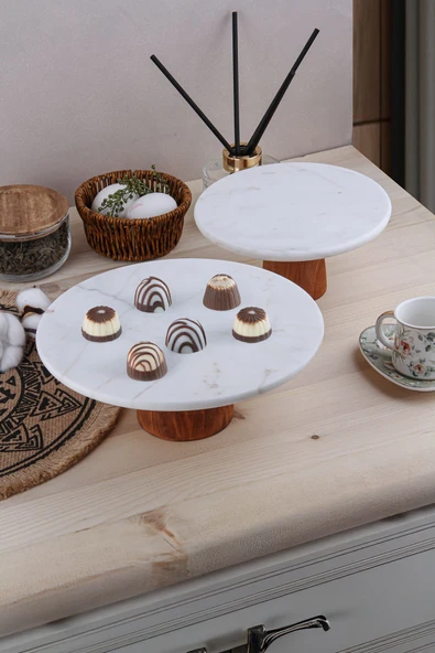 Akkoyunlu home Desenli Mermer Ahşap Ayaklı Yuvarlak  Sunumluk Pasta Servis Sunumluğu Tabak 19 cm - 5