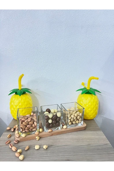 Akkoyunlu home 3'lü Bambu Altlıklı Çerezlik Kare Kase - 3