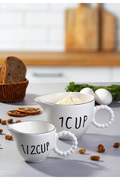 Akkoyunlu home Boncuk Seramik Ölçü Kabı 2'li Seramik Ölçü Bardağı Seti Kupa Bardak 250 Ml/500ml