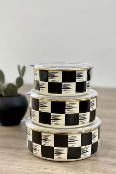 Paçi Kitchen Dama Desen Siyah-krem Emaye 3 Lü Saklama Kabı 14/16/18 Cm