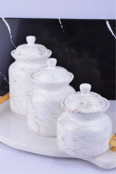 Sezka Life 3 Boy Mermer Desenli Seramik Çay Kahve Şeker Kavanozu