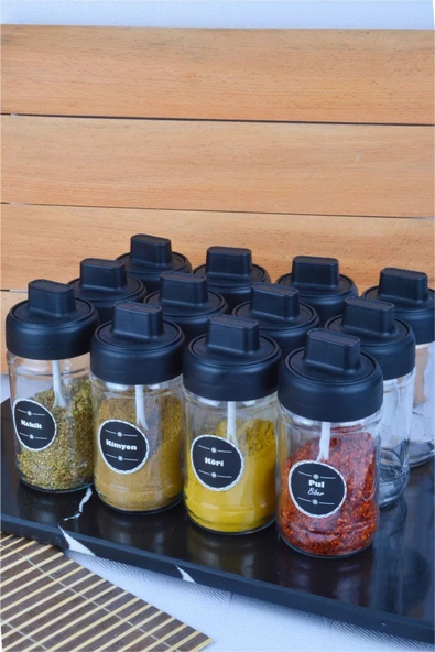 Sezka Life 12 Adet Kapağı Kendinden Kaşıklı Ve Kilitli Cam Baharatlık 21 Adet Suya Dayanıklı Etiket Seti-300ml - 4
