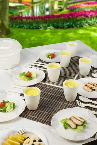 Akkoyunlu home 32 Parça 6 Kişilik Piknik Seti Beyaz Piknik Takımı(çatal,kaşık,bıçak.tabak.bardak)set