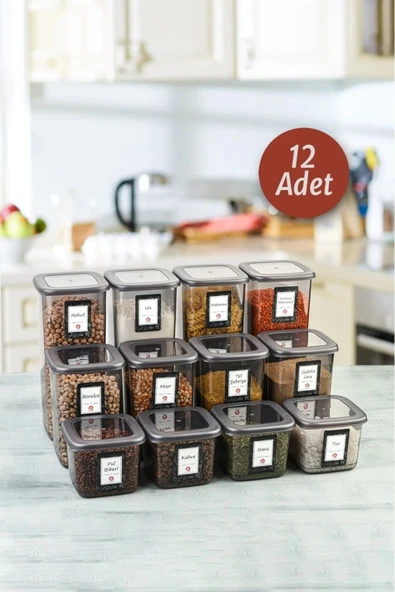 Akkoyunlu home 12'li Set Etiketli, Kırılmaz Kare Erzak Saklama Kabı Antrasit 4X 1,75 Lt/1,2 Lt/0,55 Lt